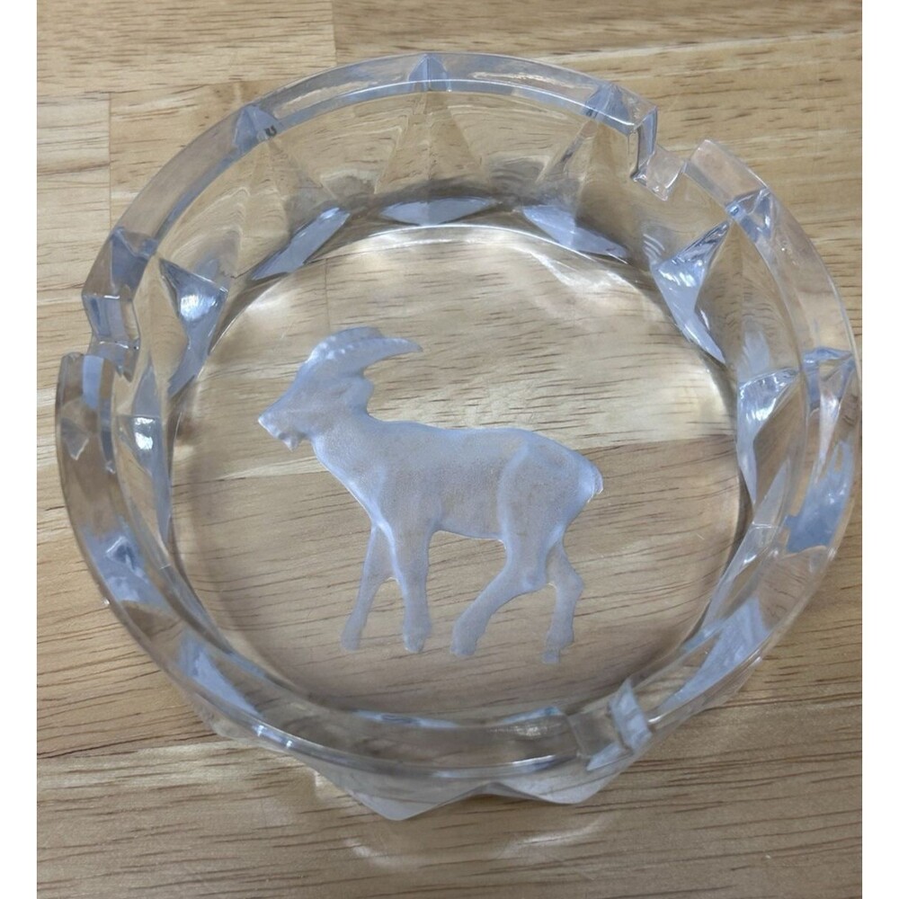 Vintage Scandinavian Style Crystal Art Glass Ashtray Etched Goat MCM Catchall